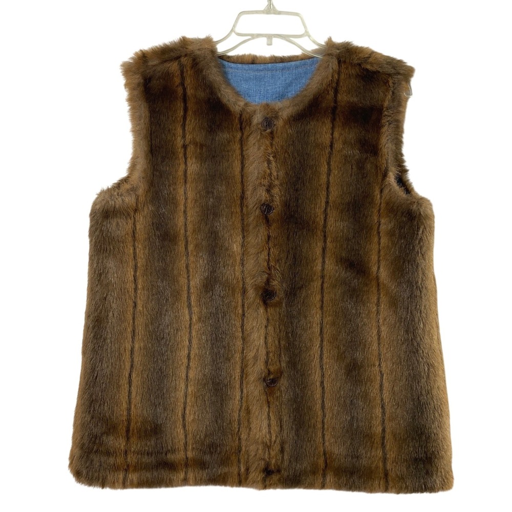 Denim & Co Reversible Vest Women Medium Denim Brown Faux Fur Indie Layering - Picture 3 of 11